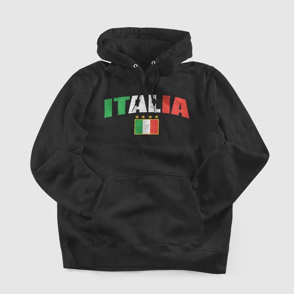 Italia distressed soccer adult black hoodie sweatshirt on a table