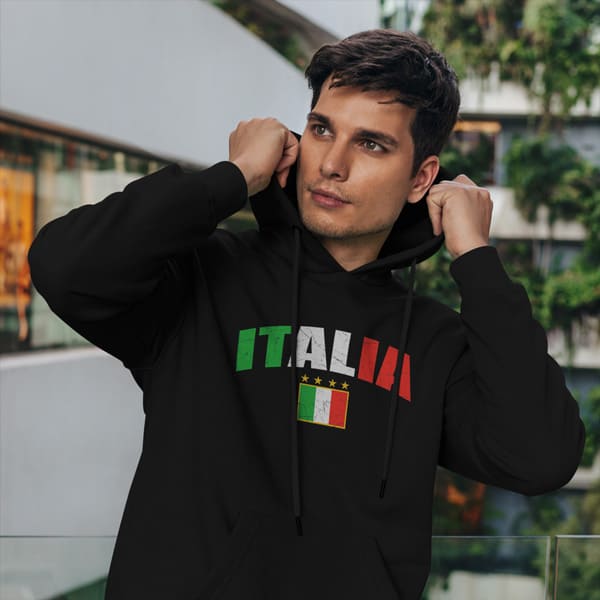Italia distressed soccer adult black hoodie sweatshirt on a man