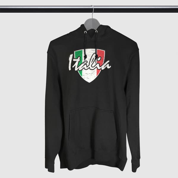 Italia distressed badge adult black hoodie sweatshirt on a hanger