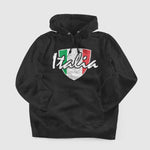 Italia distressed badge adult black hoodie sweatshirt on a table