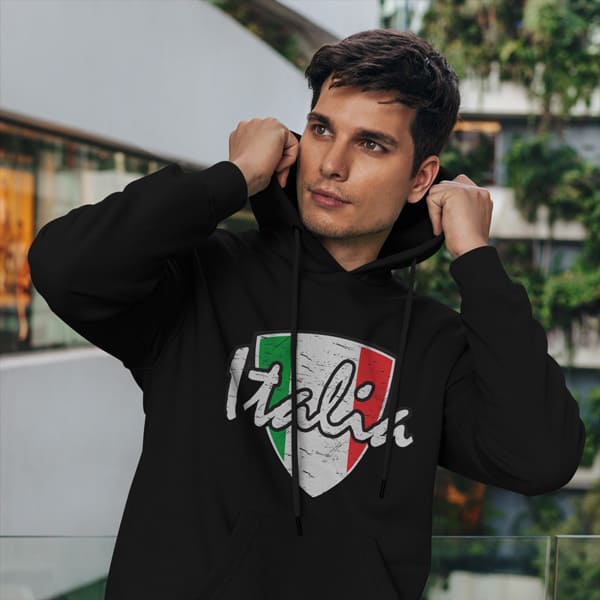 Italia distressed badge adult black hoodie sweatshirt on a man