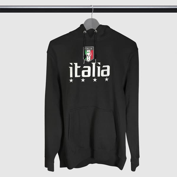Italia soccer adult black hoodie sweatshirt on a hanger