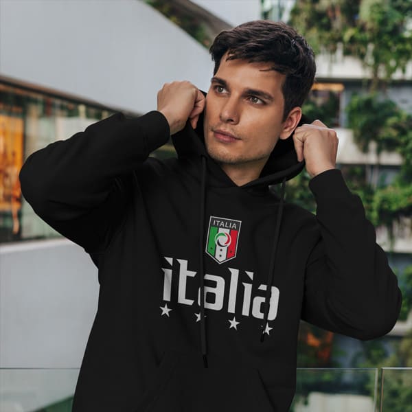 Italia soccer adult black hoodie sweatshirt on a man