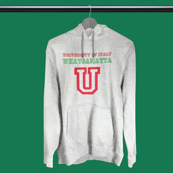 University of italy whatsamatta adult grey hoodie sweatshirt on a hanger