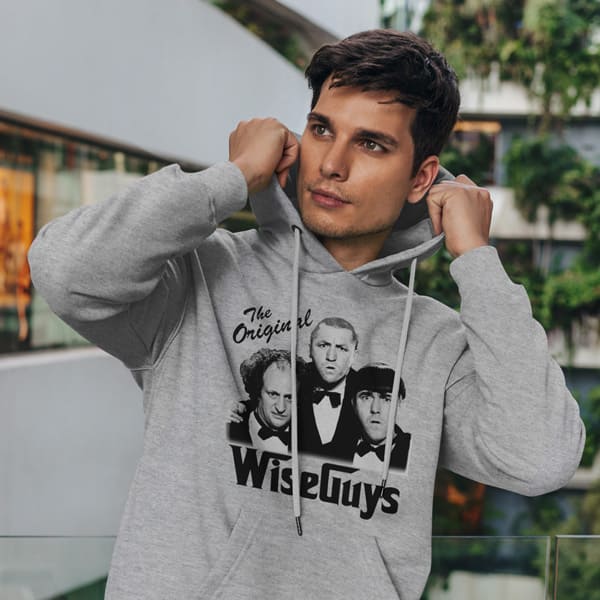 The original wise guys adult grey hoodie sweatshirt on a man