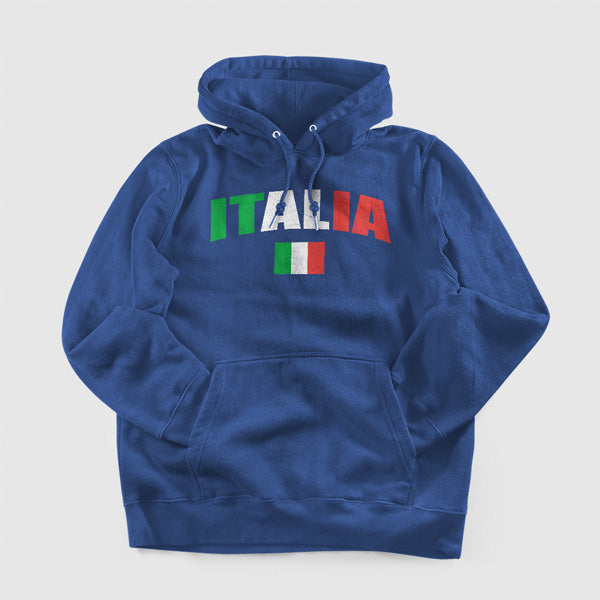 Distressed italia soccer adult navy hoodie sweatshirt on a table