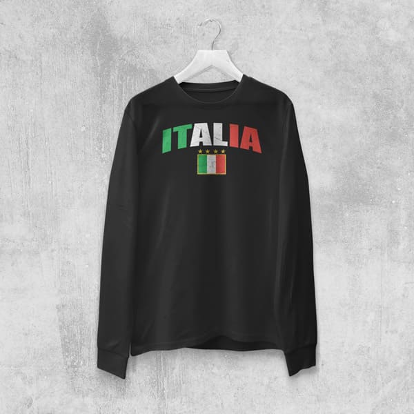 Italia distressed soccer adult black long sleeve t-shirt on a hanger