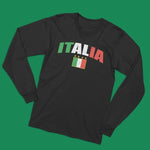 Italia distressed soccer adult black long sleeve t-shirt on a table