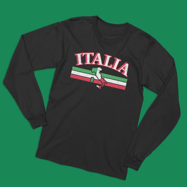 Italia bar with boot adult black long sleeve t-shirt on a table