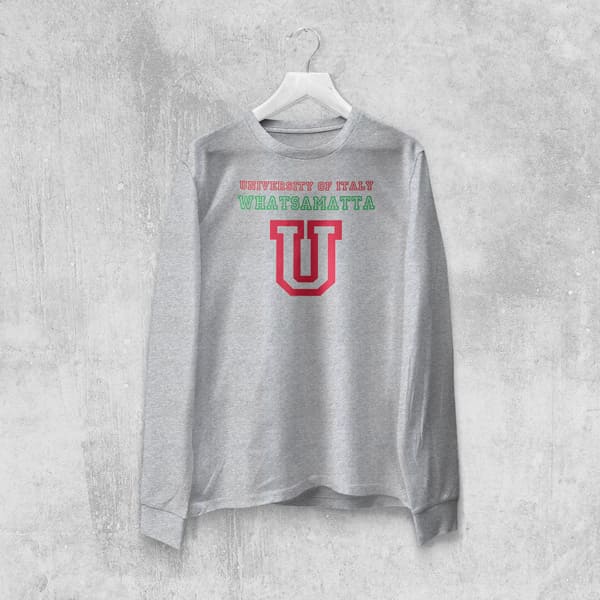 University of italy whatsamatta adult grey long sleeve t-shirt on a hanger