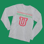 University of italy whatsamatta adult grey long sleeve t-shirt on a table
