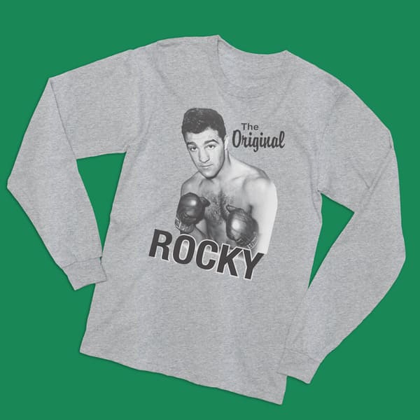 The original rocky adult grey long sleeve t-shirt on a table