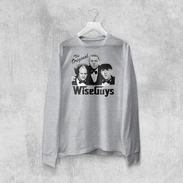 The original wise guys adult grey long sleeve t-shirt on a hanger