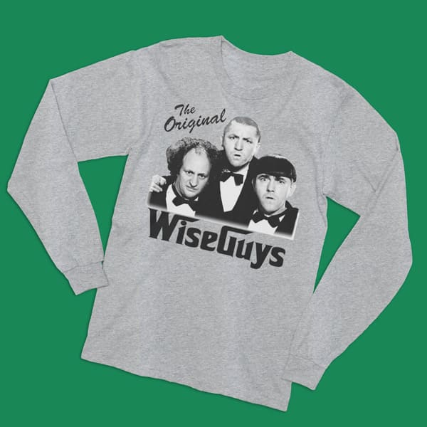 The original wise guys adult grey long sleeve t-shirt on a table