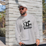 The original wise guys adult grey long sleeve t-shirt on a man