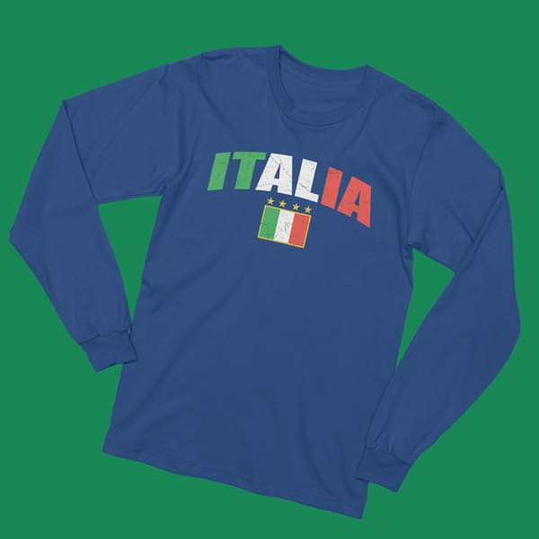 Italia distressed soccer adult navy long sleeve t-shirt on a table
