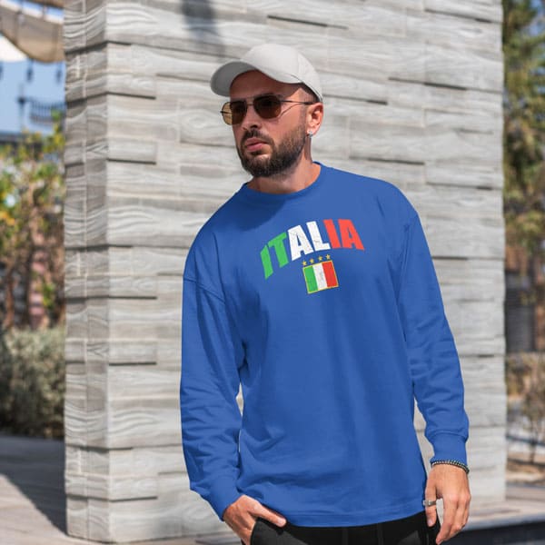 Italia distressed soccer adult navy long sleeve t-shirt on a man