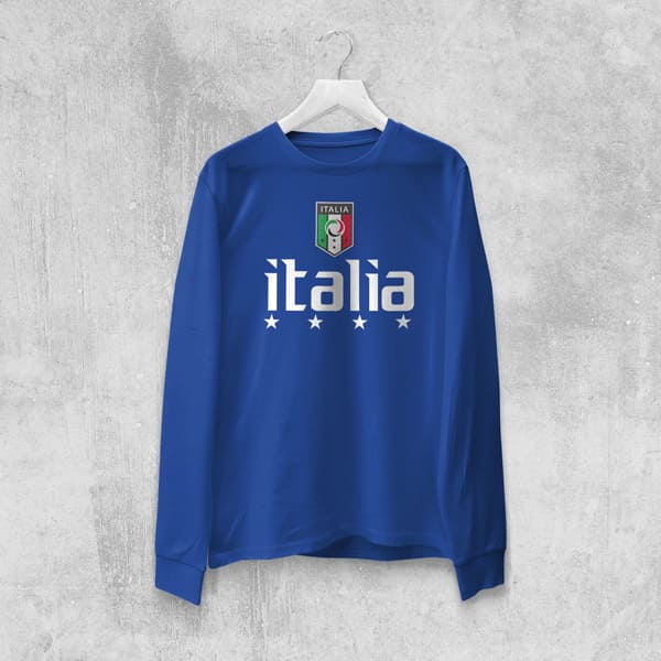 Italia soccer adult navy long sleeve t-shirt on a hanger