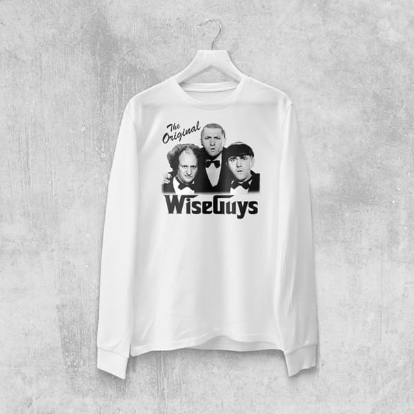 The original wise guys adult white long sleeve t-shirt on a hanger