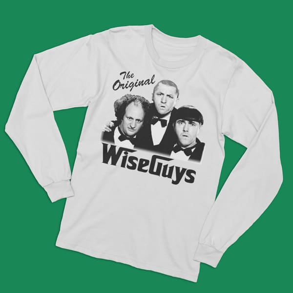 The original wise guys adult white long sleeve t-shirt on a table