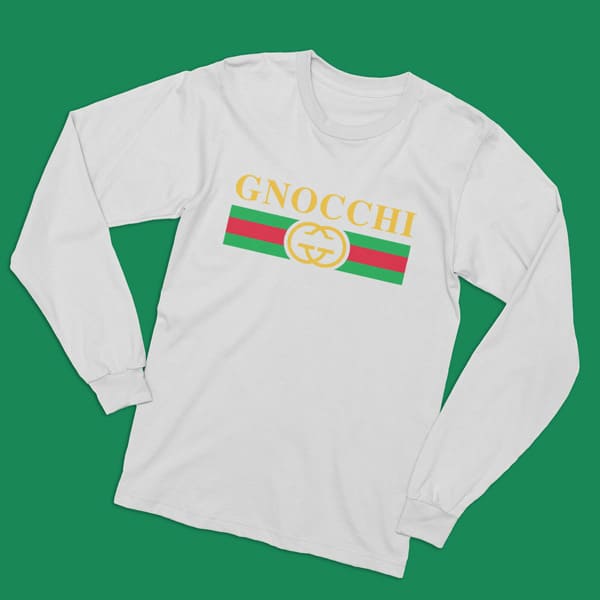 Gnocchi adult white long sleeve t-shirt on a table