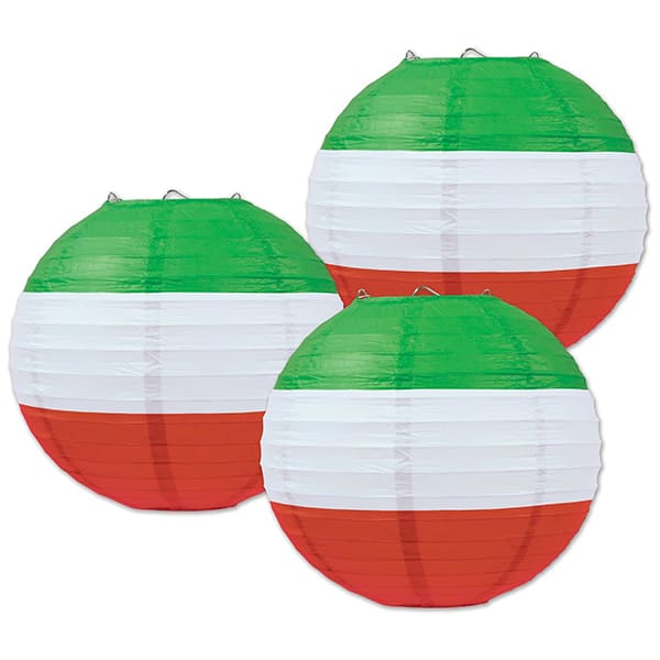Green, white, red paper lanterns 3 pack 9 1/2 inches round
