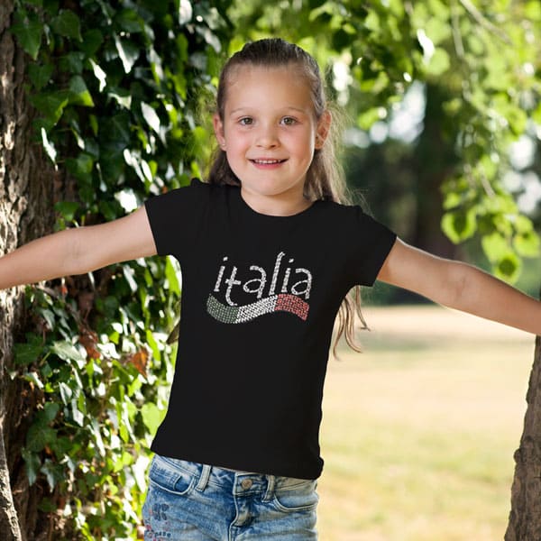 Italia with wave flag rhinestone youth girls black t-shirt on a girl