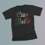 Tri-color Ciao Bella rhinestone youth girls black t-shirt on a table