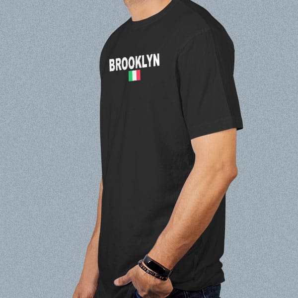 Brooklyn adult black t-shirt on a man side view