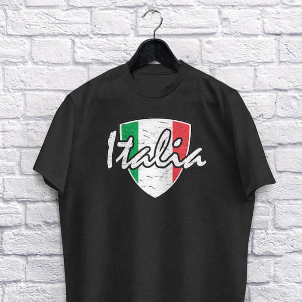 Italia Distressed Badge adult black t-shirt on a hanger