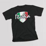 Italia Distressed Badge adult black t-shirt on a table