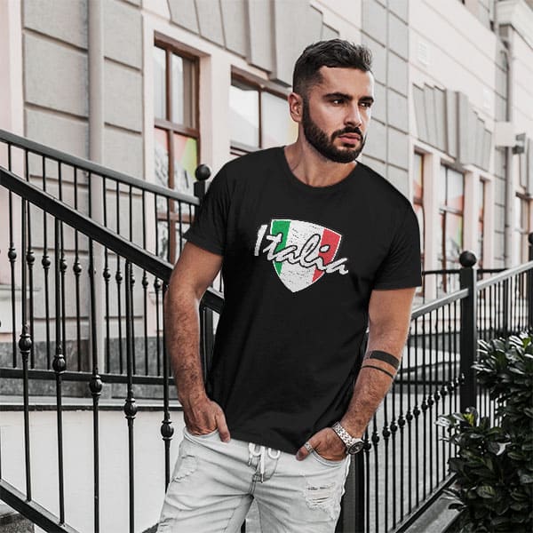 Italia Distressed Badge adult black t-shirt on a man front view