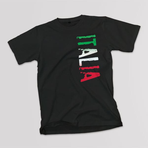 Distressed Italia adult black t-shirt on a table