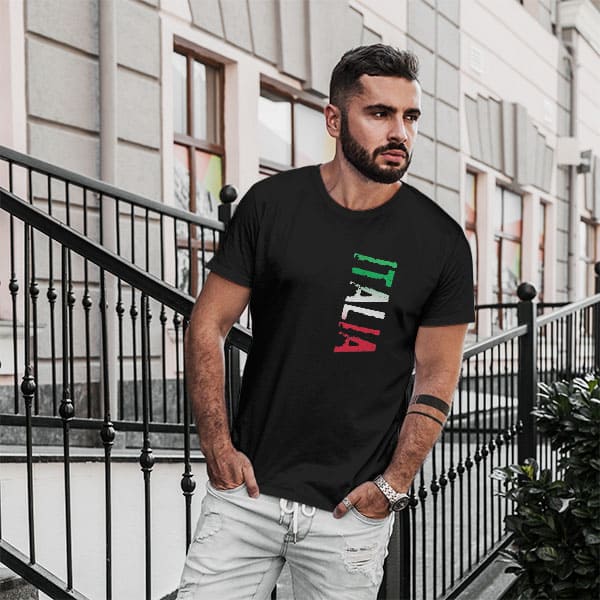 Distressed Italia adult black t-shirt on a man front view