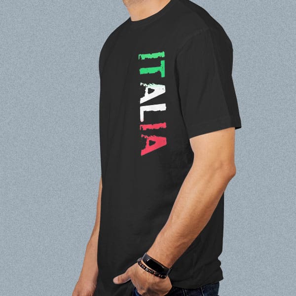 Distressed Italia adult black t-shirt on a man side view