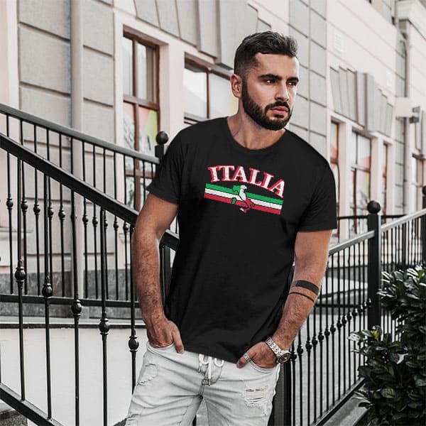 Italia Bar with Boot adult black t-shirt on a man front view