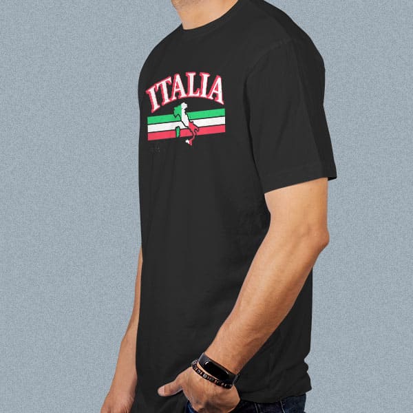 Italia Bar with Boot adult black t-shirt on a man side view