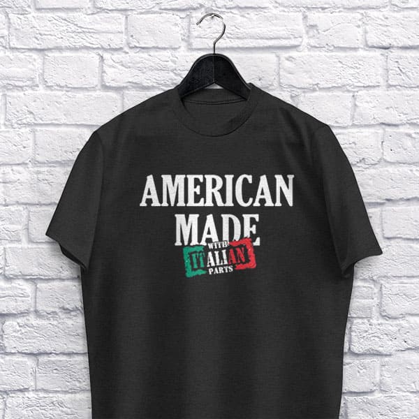 American Made with Italian Parts adult black t-shirt on a hanger
