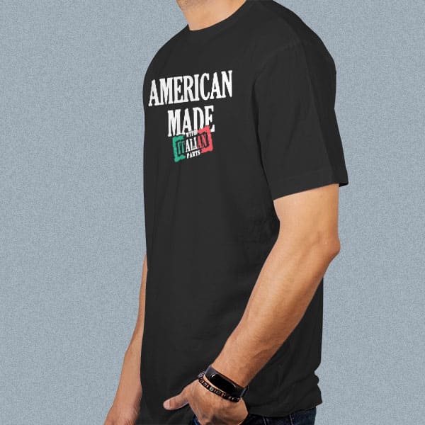 American Made with Italian Parts adult black t-shirt on a man side view
