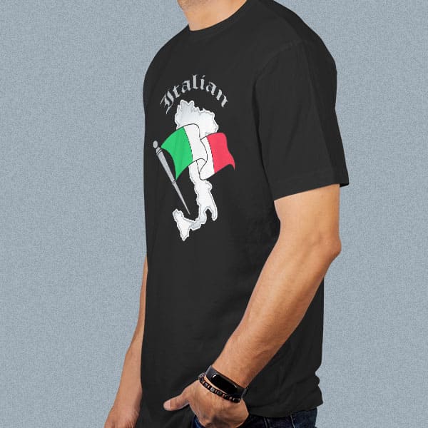 Italian Boot with Flag adult black t-shirt on a man side view