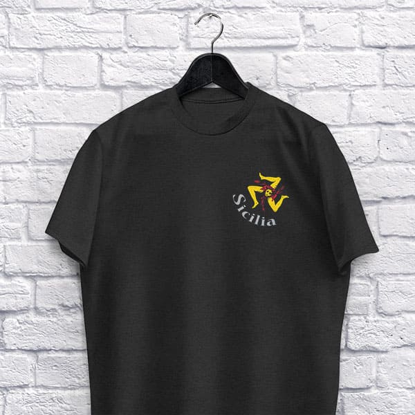 Sicilia with Trinicria adult black t-shirt on a hanger