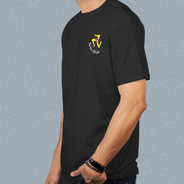 Sicilia with Trinicria adult black t-shirt on a man side view