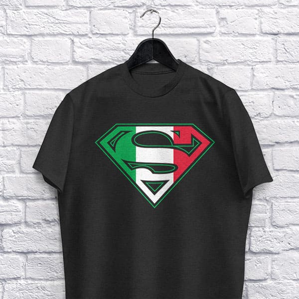 Superman adult black t-shirt on a hanger