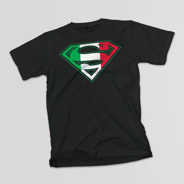 Superman adult black t-shirt on a table