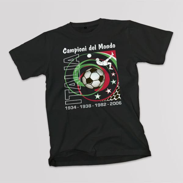 Campioni del Mondo Soccer adult black t-shirt on a table