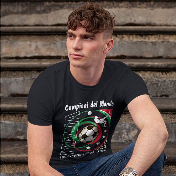 Campioni del Mondo Soccer adult black t-shirt on a man front view