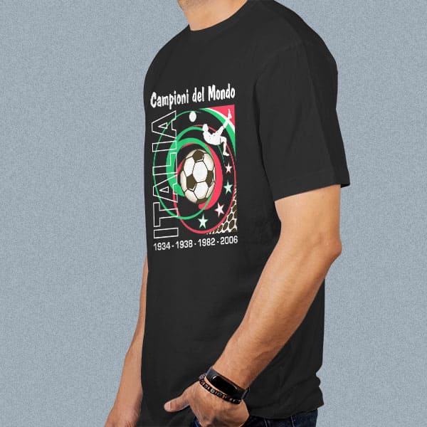 Campioni del Mondo Soccer adult black t-shirt on a man side view
