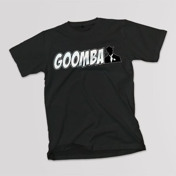 Goomba adult black t-shirt on a table