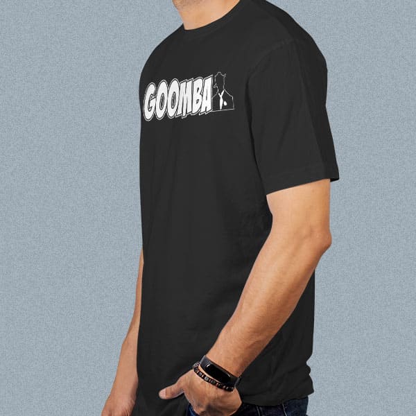 Goomba adult black t-shirt on a man side view