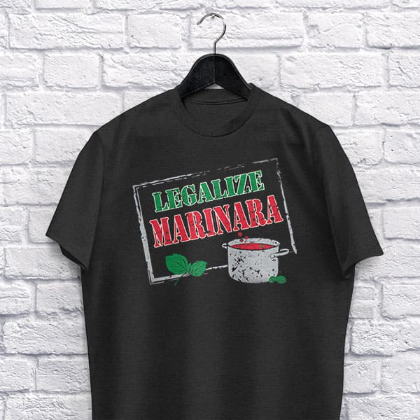 Legalize Marinara adult black t-shirt on a hanger